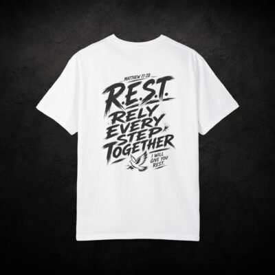 R.E.S.T. Rely Every Step Together – Faith-Inspired Graphic Tee | Matthew 11:28